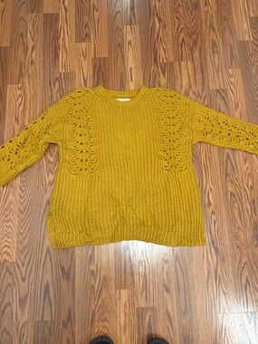 Anthropologie Mustard Openwork Crewneck Sweater
